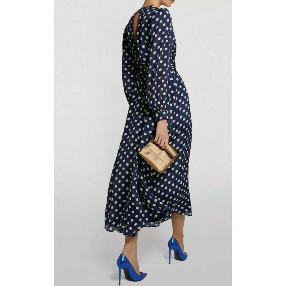 NWT Ronny Kobo Navy Maria Polka Dot Long Sleeve Low V-Neck Midi Dress Size Med - Picture 2 of 6